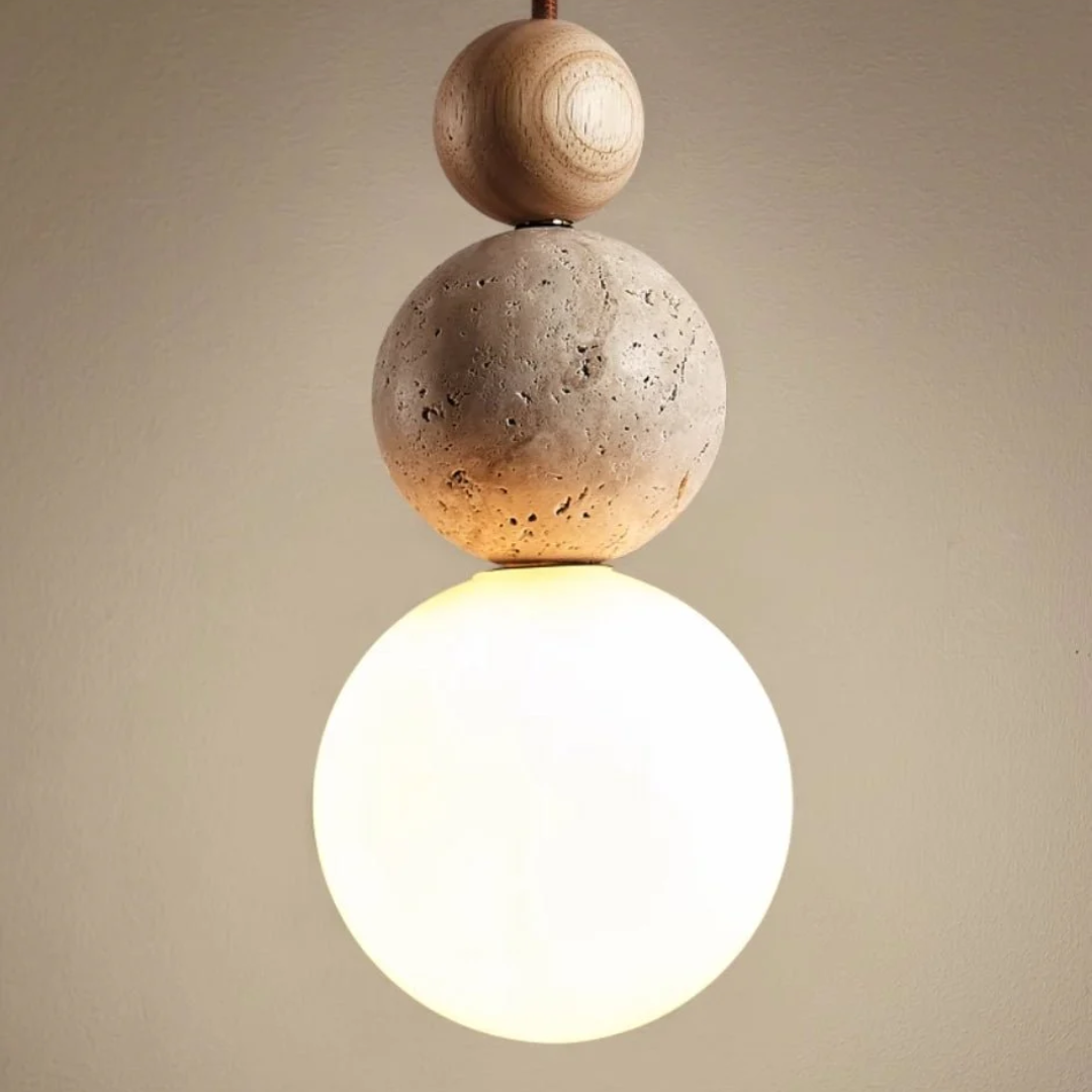 Cleonice Travertine, Wood & Glass Pendant