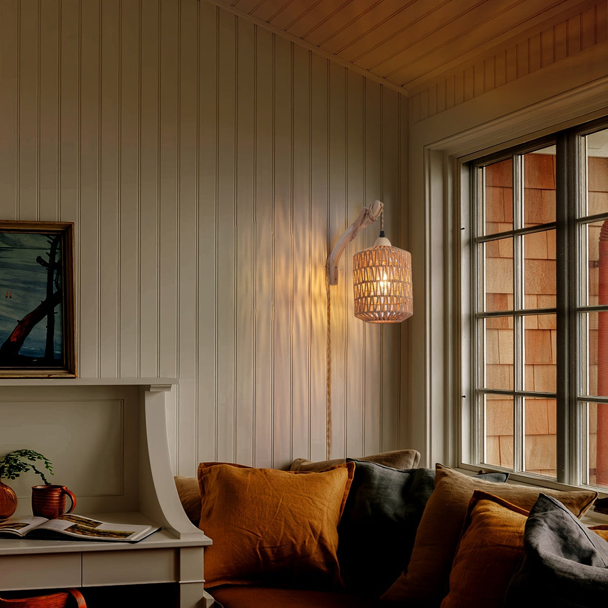 Boho Wood & Rattan Plug-In Wall Lamp