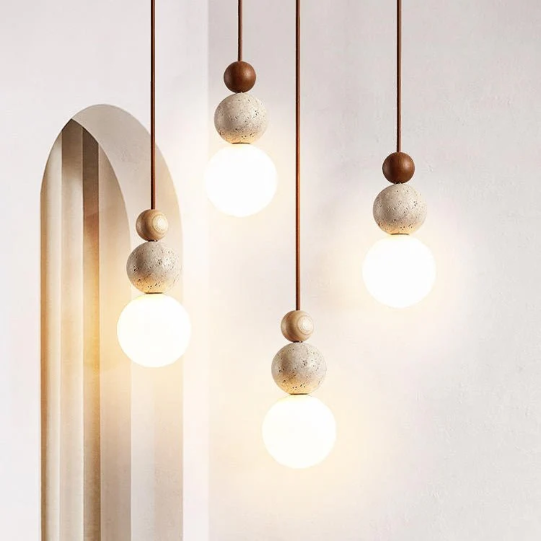 Cleonice Travertine, Wood & Glass Pendant