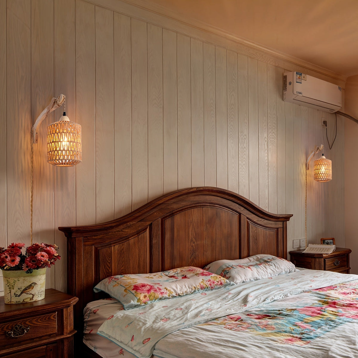 Boho Wood & Rattan Plug-In Wall Lamp