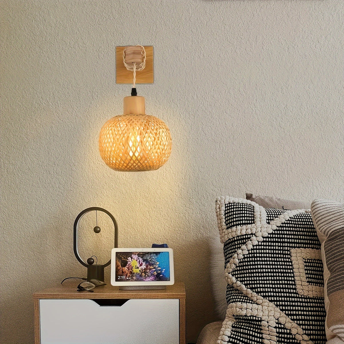 Rustic Wood & Rattan Wall Sconce