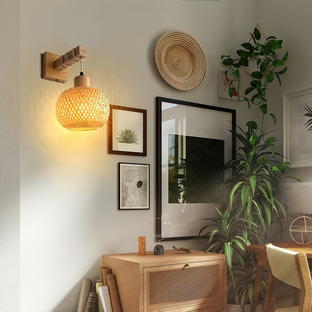 Rustic Wood & Rattan Wall Sconce