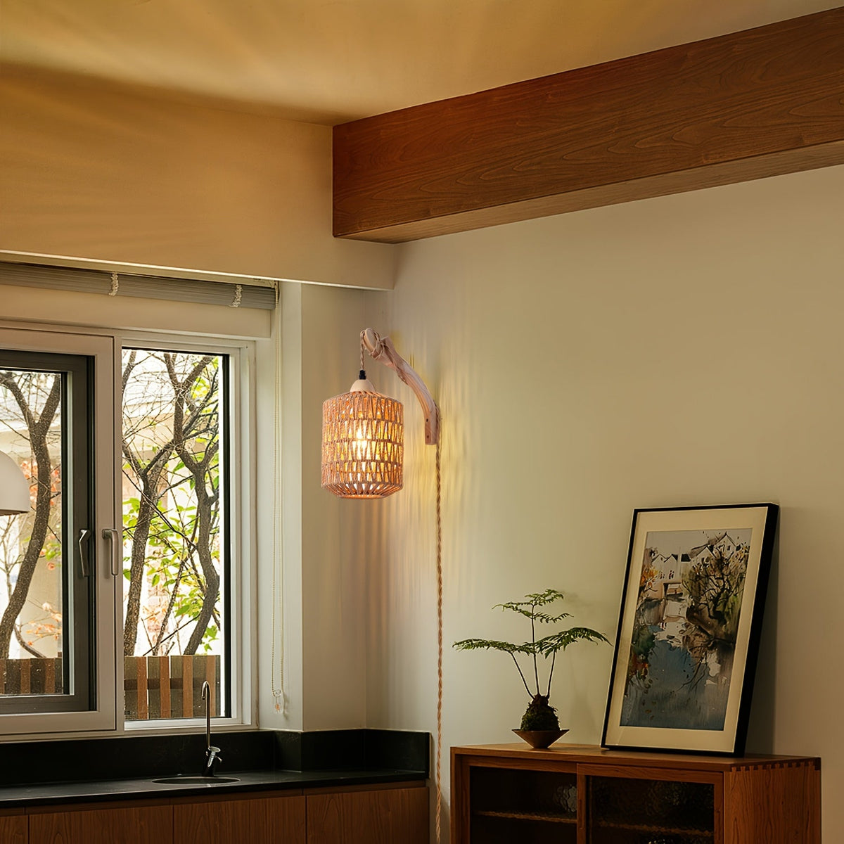 Boho Wood & Rattan Plug-In Wall Lamp