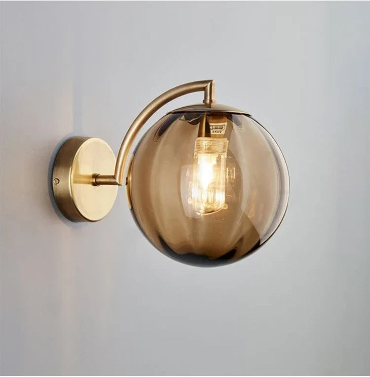 Brass & Tinted Glass Ball Wall Lamp