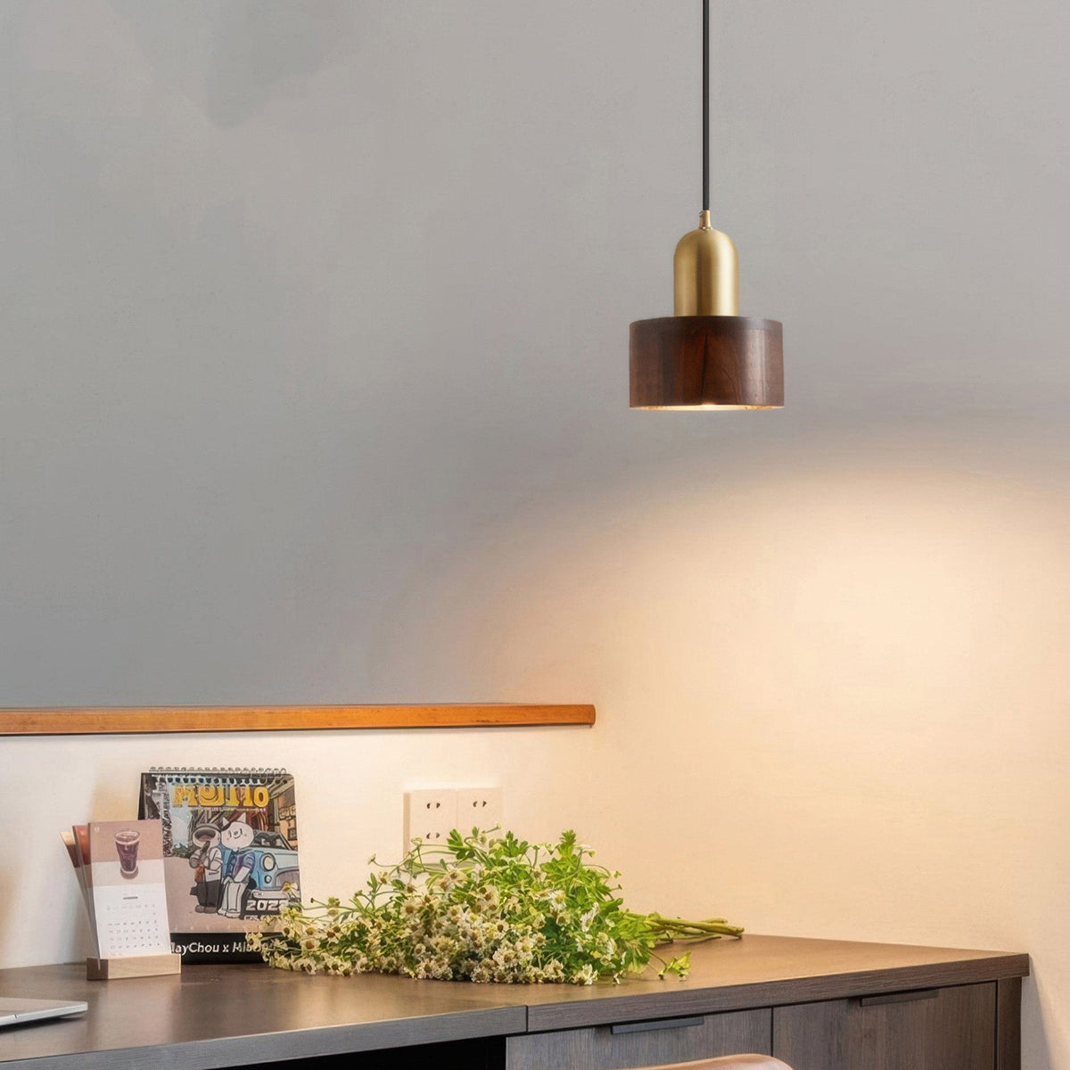 Japanese Walnut & Brass Cylinder Pendant