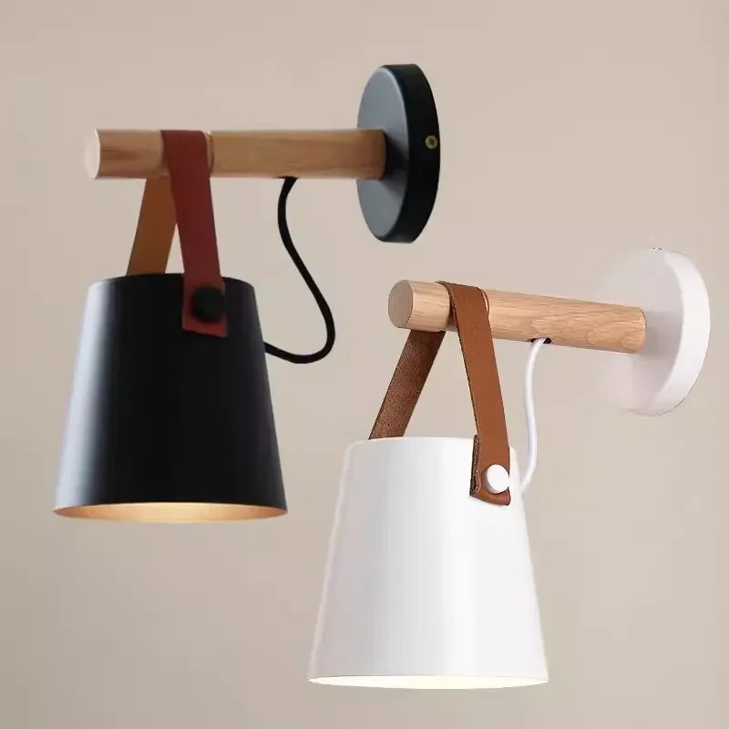 Nordic Wood & Leather Hanging Wall Lamp