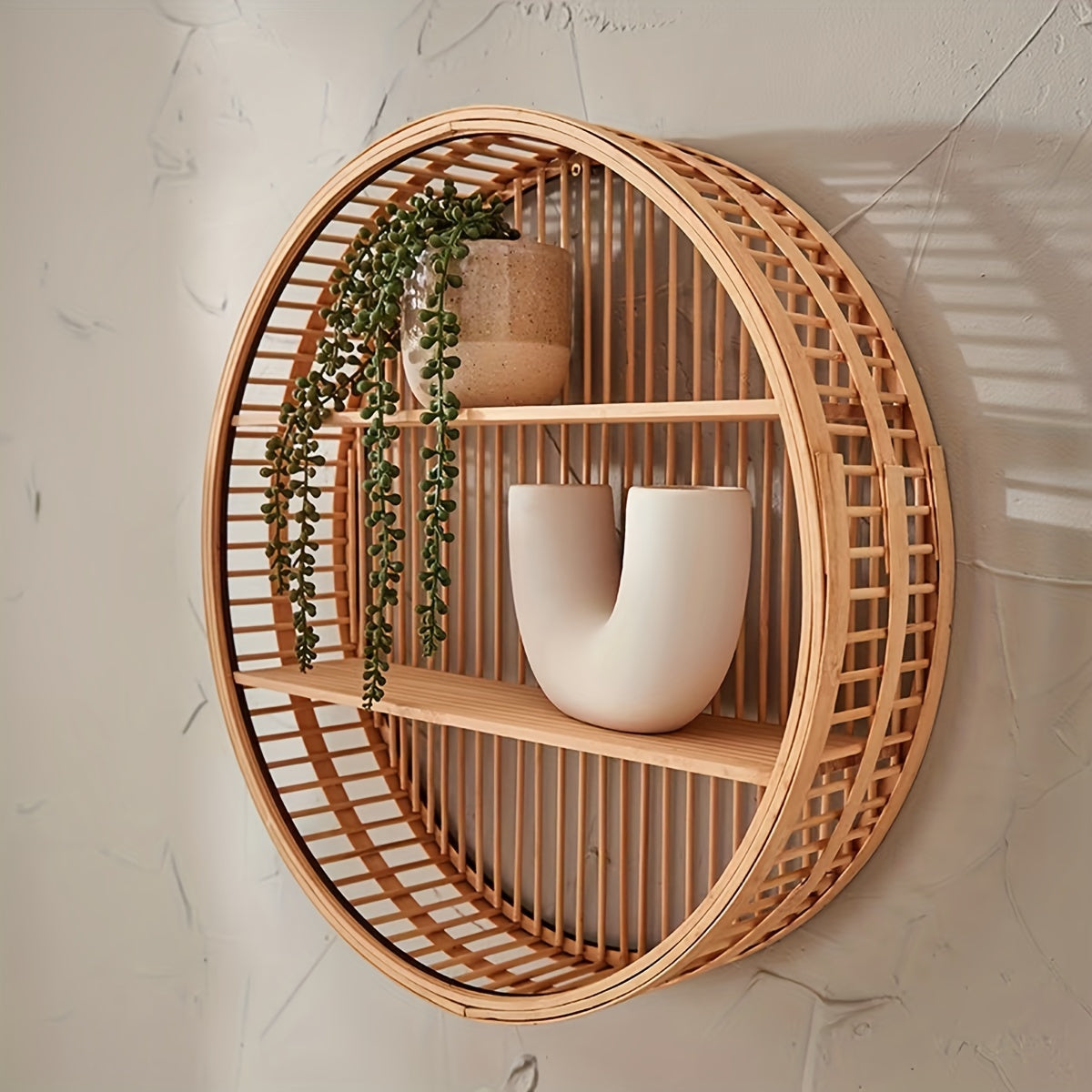 Round Bamboo Two-Tier Wall Shelf