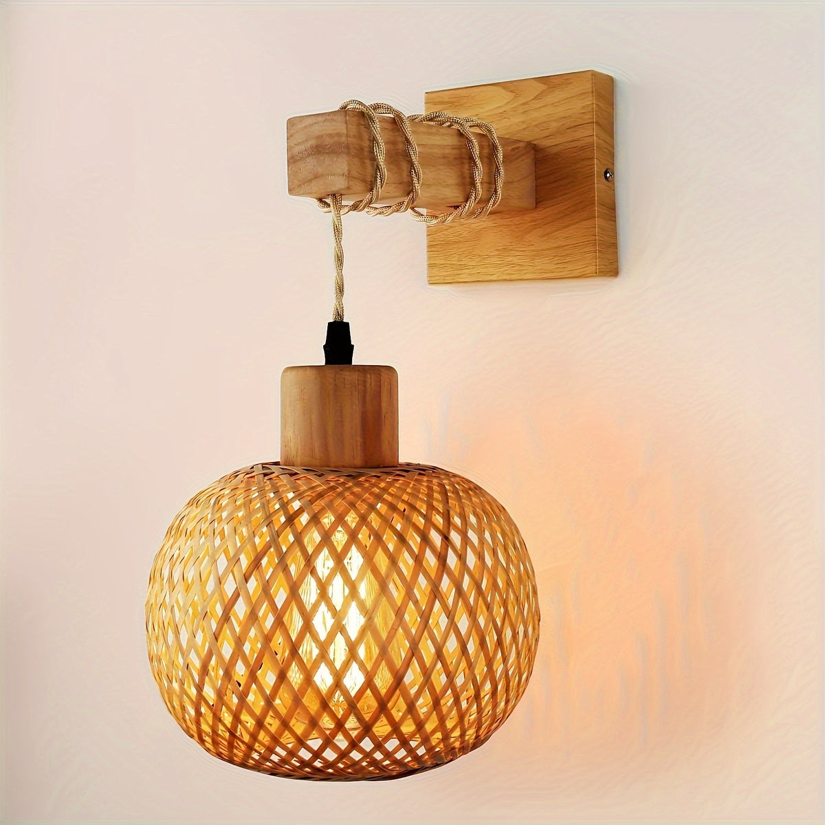 Rustic Wood & Rattan Wall Sconce
