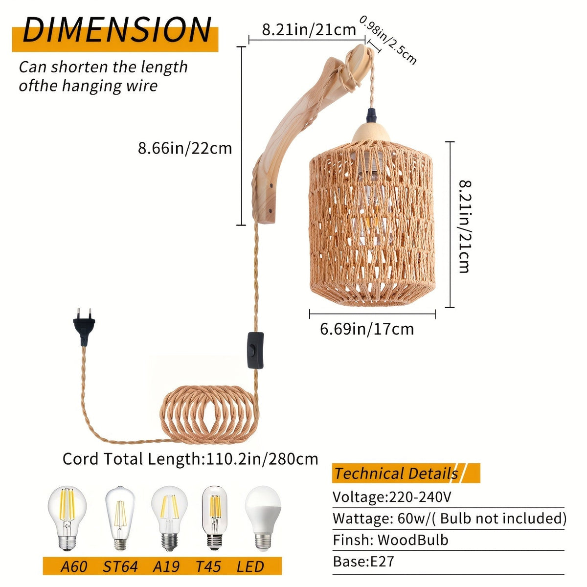 Boho Wood & Rattan Plug-In Wall Lamp