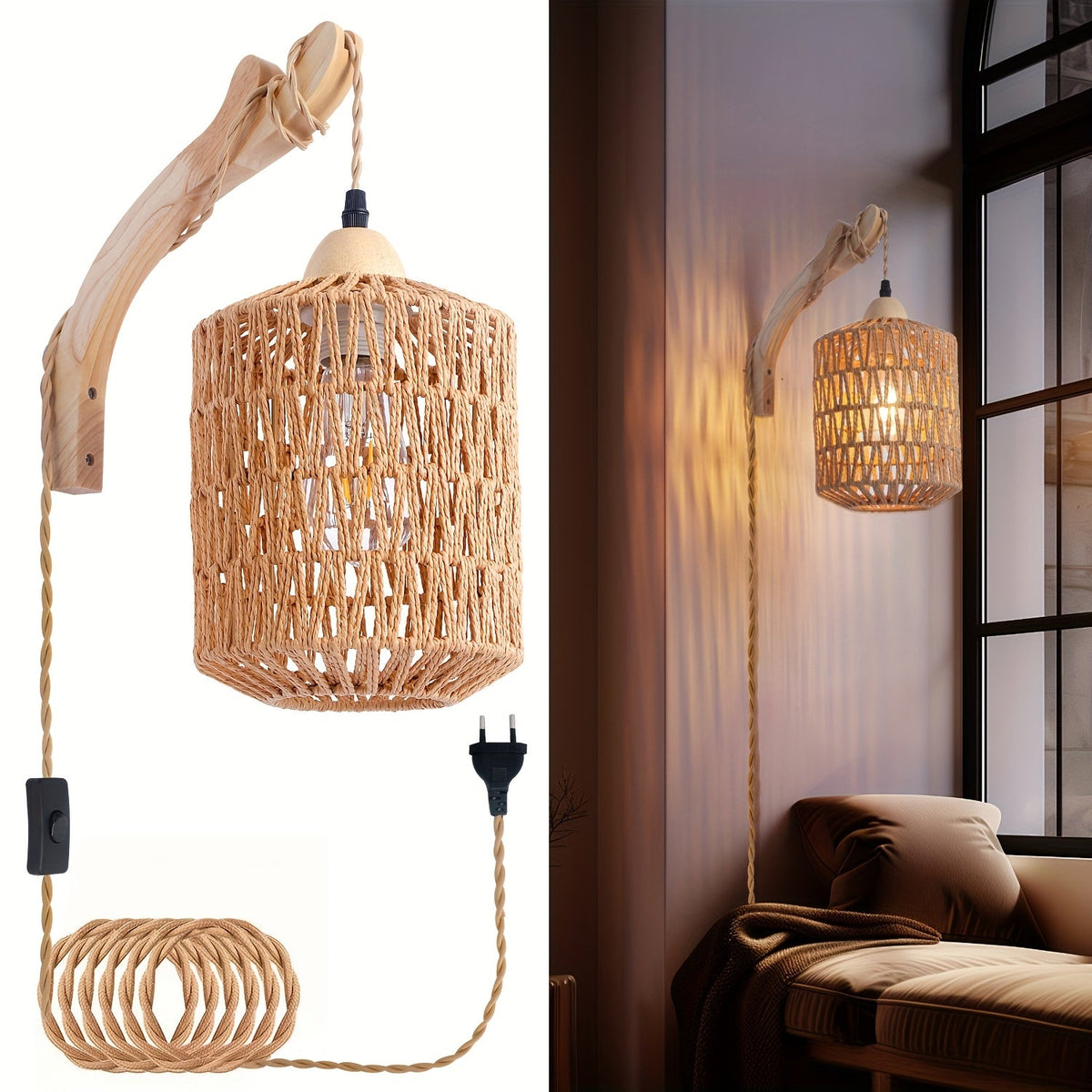 Boho Wood & Rattan Plug-In Wall Lamp