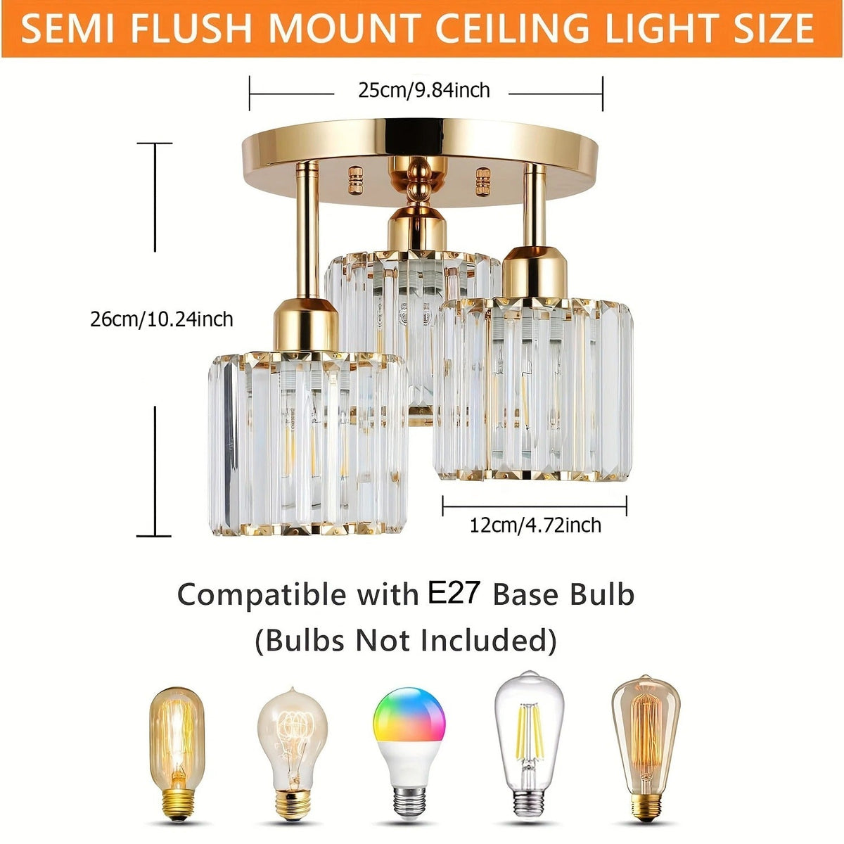 Gold Crystal 3-Light Ceiling Light
